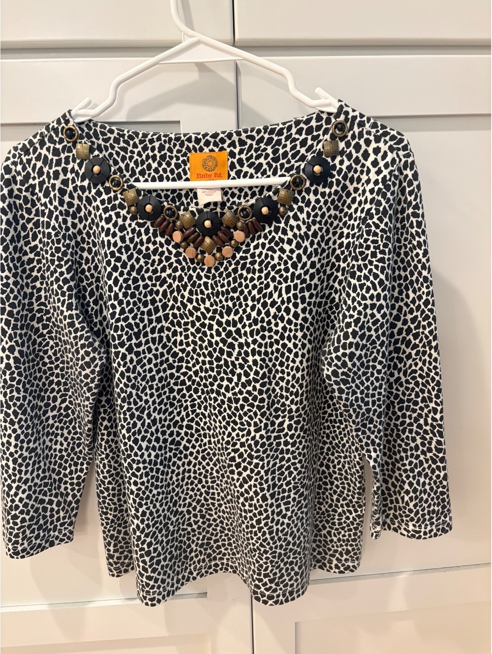 Ruby Rd. Petite Medium Black and White Dalmatian Print Top, Beaded Neckline